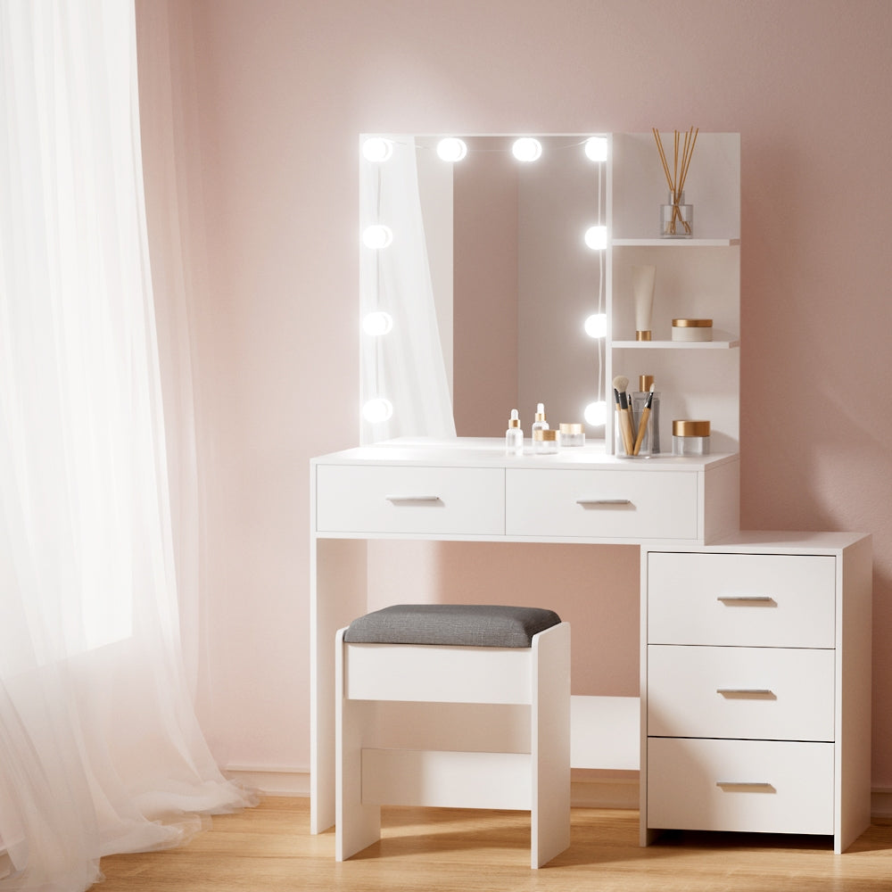 Luxe Dressing Table LED 10 Bulbs Makeup Mirror Stool Set Vanity Desk White