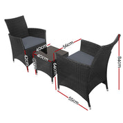 Gardeon 3PC  Outdoor Bistro Set Patio Furniture Wicker Chairs Table Cushion All Black