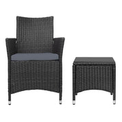 Gardeon 3PC  Outdoor Bistro Set Patio Furniture Wicker Chairs Table Cushion All Black