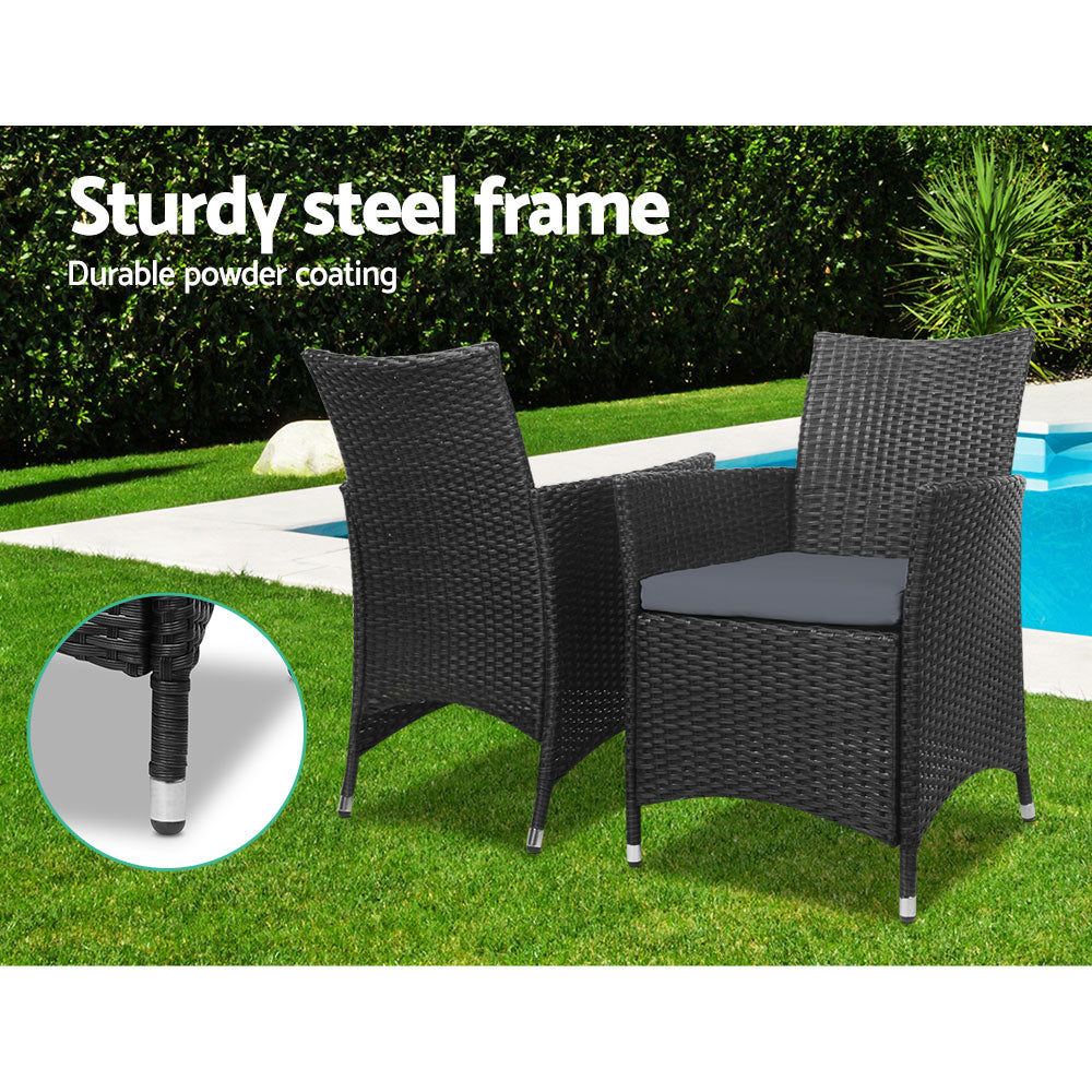 Gardeon 3PC  Outdoor Bistro Set Patio Furniture Wicker Chairs Table Cushion All Black