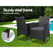 Gardeon 3PC  Outdoor Bistro Set Patio Furniture Wicker Chairs Table Cushion All Black