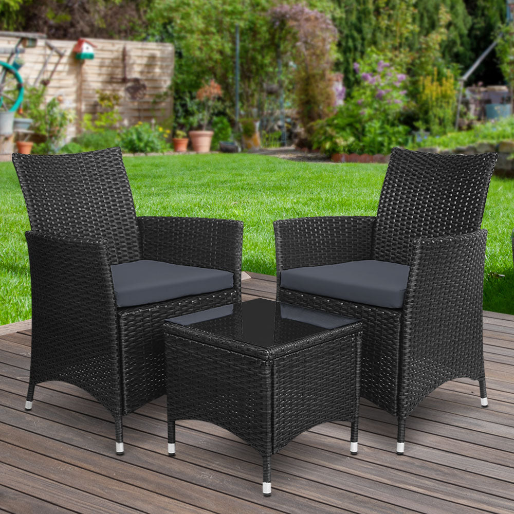 Gardeon 3PC  Outdoor Bistro Set Patio Furniture Wicker Chairs Table Cushion All Black