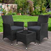 Gardeon 3PC  Outdoor Bistro Set Patio Furniture Wicker Chairs Table Cushion All Black