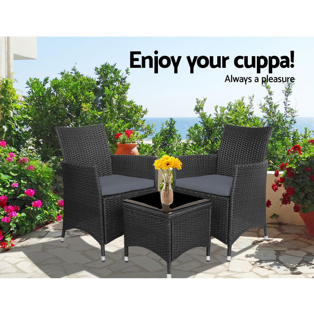Gardeon 3PC  Outdoor Bistro Set Patio Furniture Wicker Chairs Table Cushion All Black