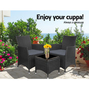 Gardeon 3PC  Outdoor Bistro Set Patio Furniture Wicker Chairs Table Cushion All Black