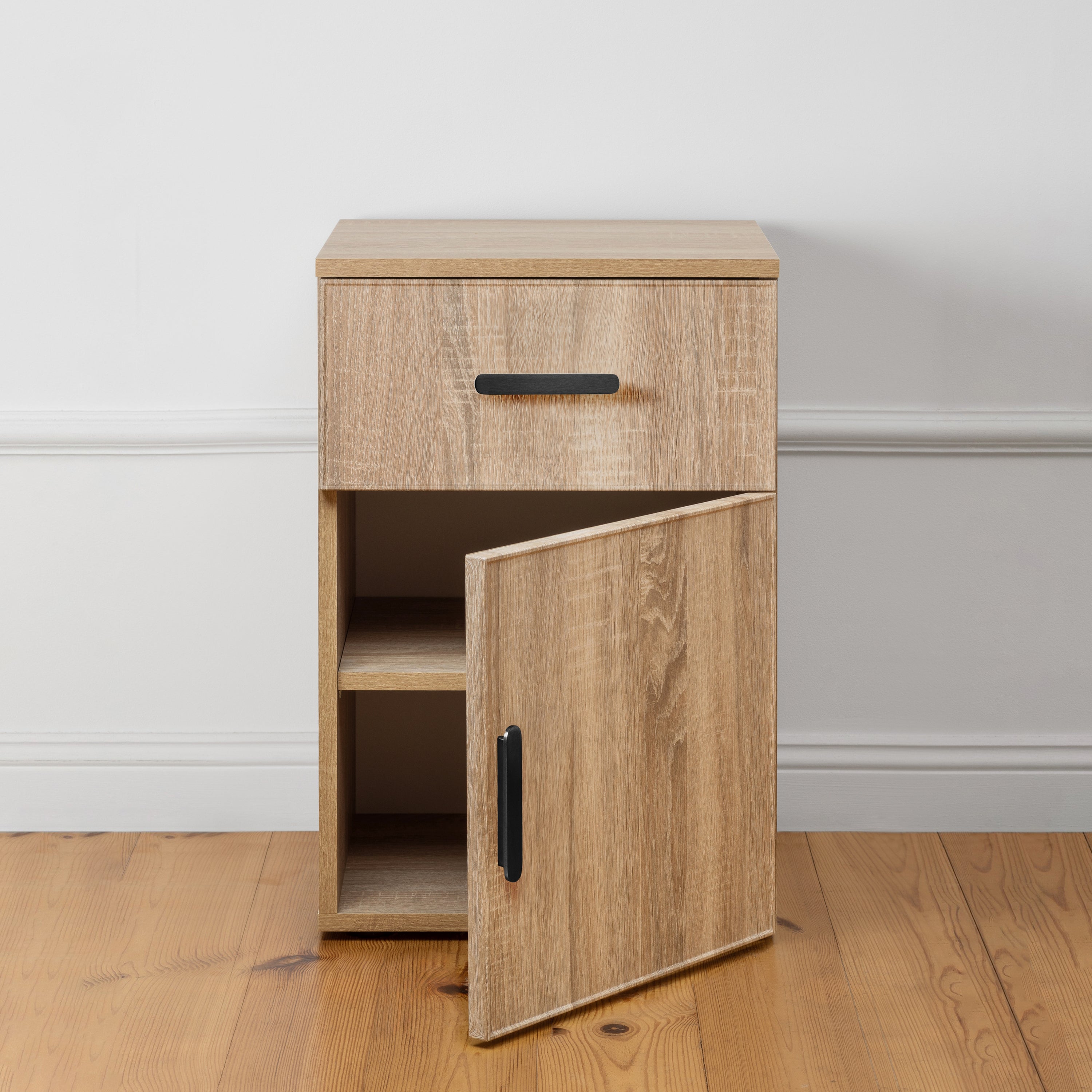 PORTO BEDSIDE TABLE - NATURAL OAK - SLIM - OVAL BLACK
