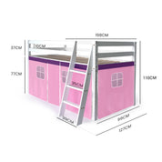 Kingston Slumber Wooden Kids Single Loft Bed Frame - Hiding Space Underneath with Interchangeable Pink and Blue Curtains