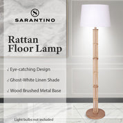 Sarantino Rattan Floor Lamp With Ghost-White Linen Shade