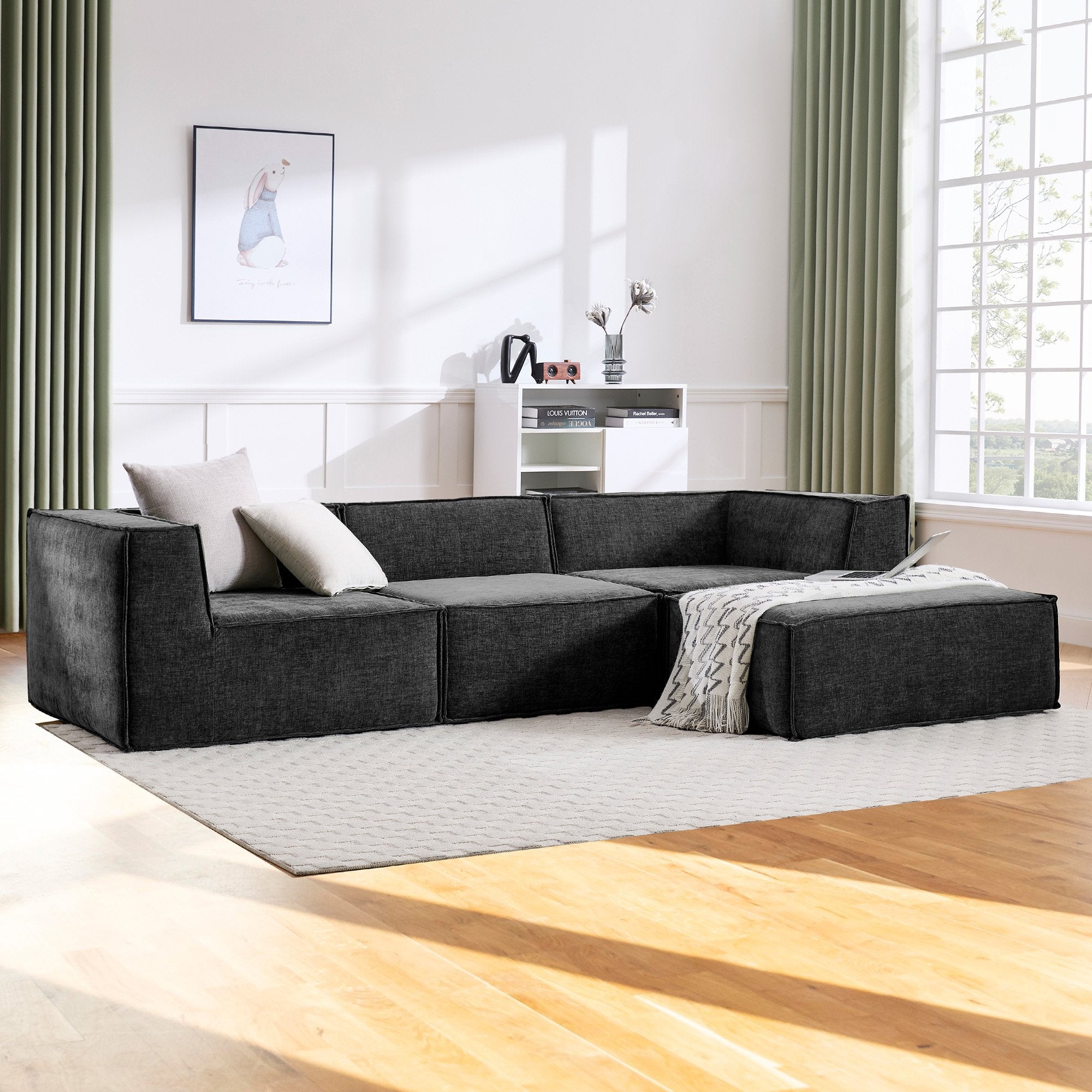 Sarantino Novi 3-Seater Modular Sofa with Ottoman in Black Non-Slip Bottom Lounge
