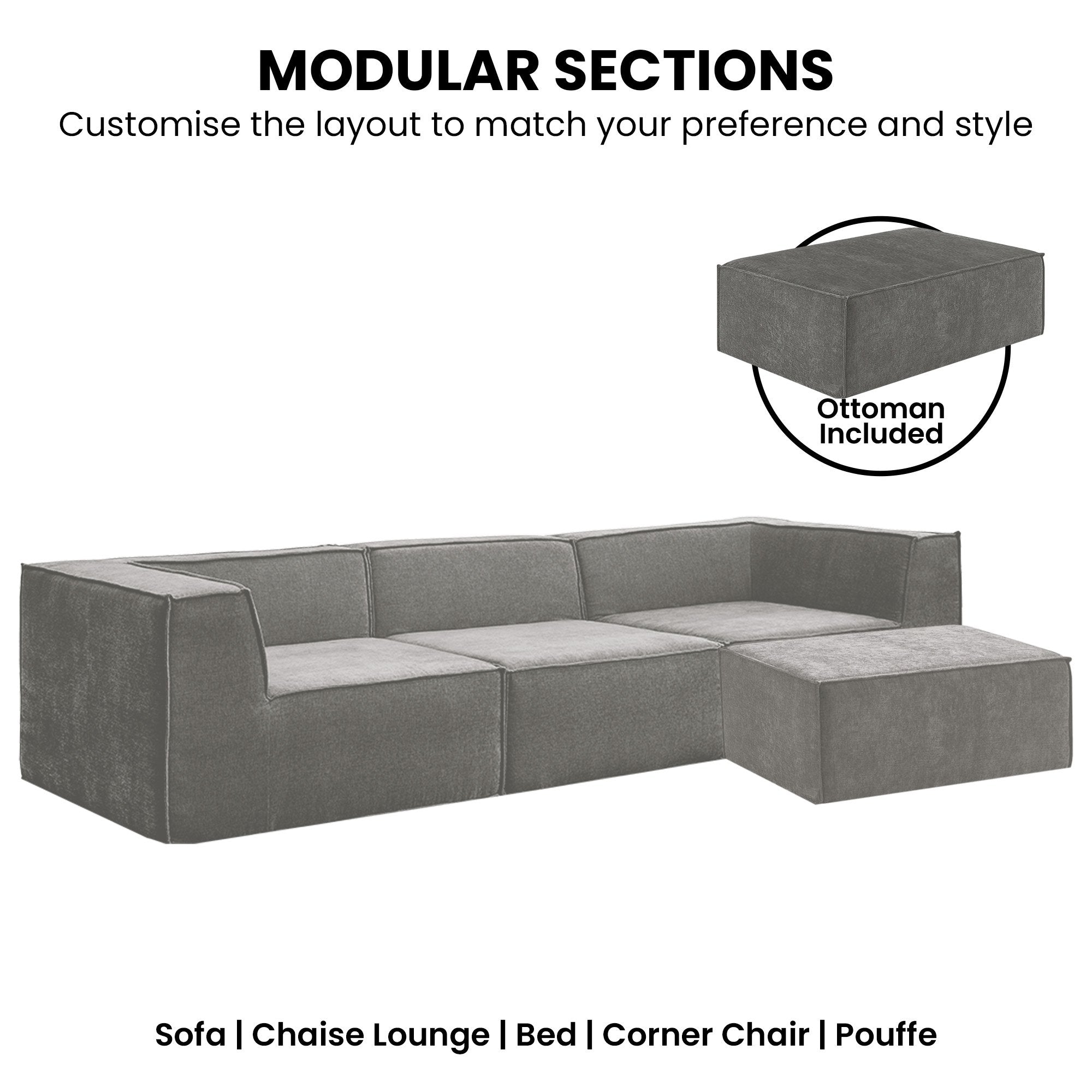 Sarantino Novi 3-Seater Modular Sofa with Ottoman in Grey Non-Slip Bottom Lounge
