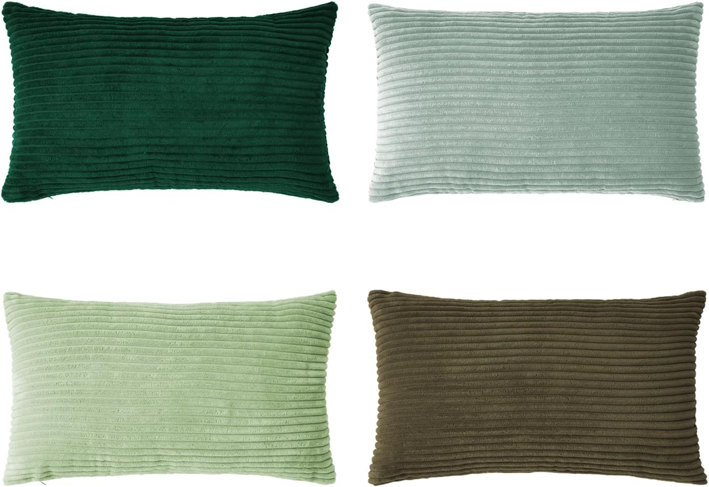 Corduroy Velvet Cushion Covers - Soft Velvet Fabric with Hidden Zipper - Stylish Mix of Green Shades, 30cm x 50cm (Pack of 4)