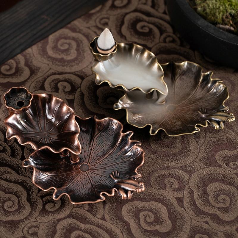 Bronze Lotus Leaf Inverted Incense Burner - Antique Indoor - Copper Colour