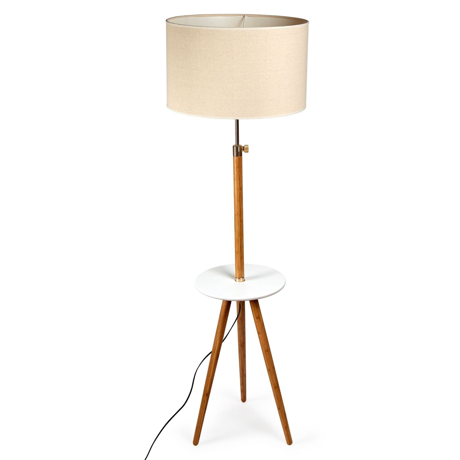 165cm Adjustable Bamboo Tripod Floor Lamp Light with Linen Shade & Built-In Table