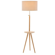 165cm Adjustable Bamboo Tripod Floor Lamp Light with Linen Shade & Built-In Table