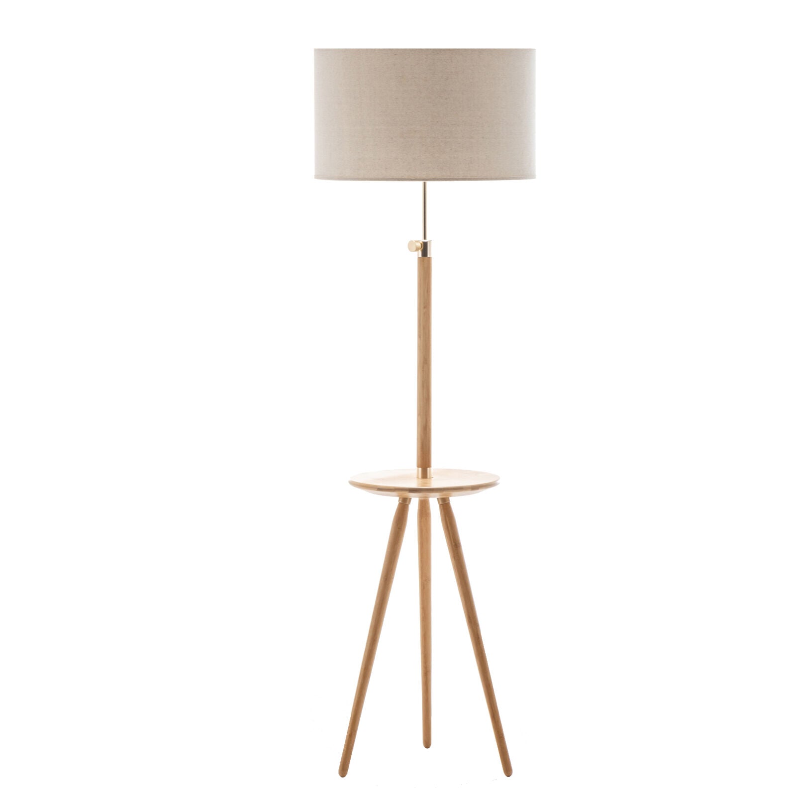 165cm Adjustable Bamboo Tripod Floor Lamp Light with Linen Shade & Built-In Table