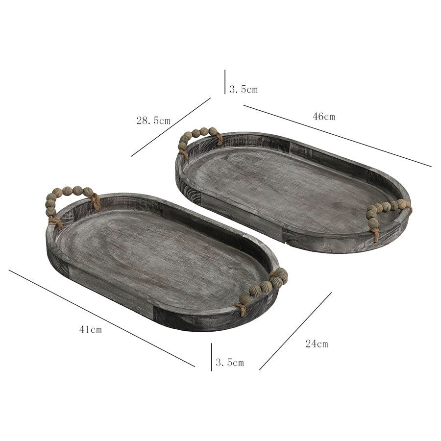 Set 2 Nested Rustic Oval Trays Handles 46x5cm