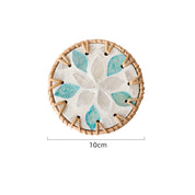(White Orchid Leaves) Set of 5 Rattan & Shell Coasters - Decorative & Heat Resistant