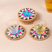 (Love Blue) Set of 5 Rattan & Shell Coasters - Decorative & Heat Resistant