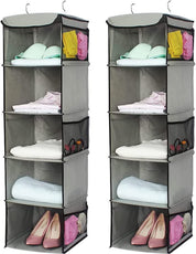 2 Pack 5 Foldable Shelf Hanging Closet Organizer Space Saver with Side Accessories Pockets for Clothes Storage